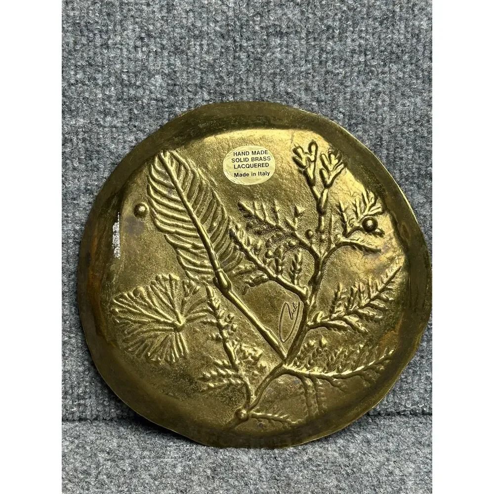 Vintage MCM brass botanical embossed trinket catchall dish Collini Italy footed